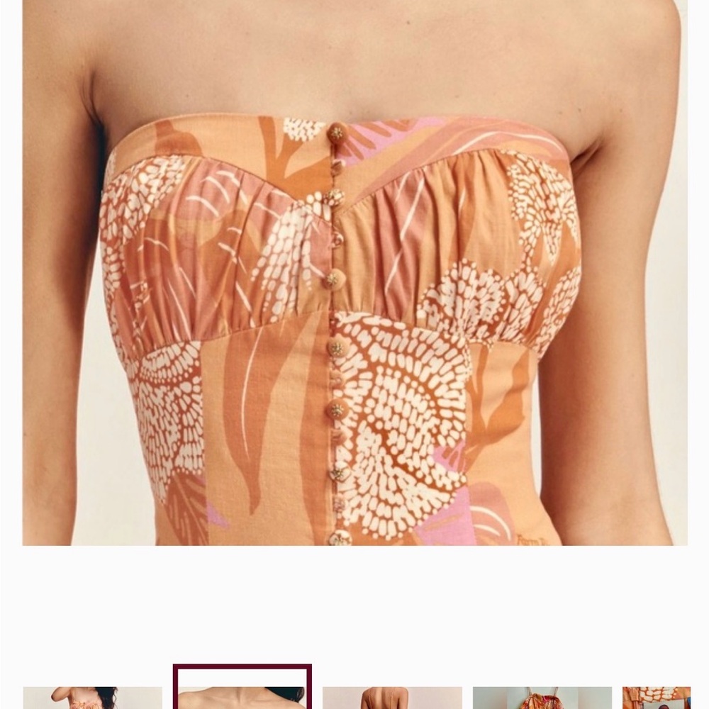FARM Rio Strapless Maxi Dress in Terracotta, Cream & Pink Print